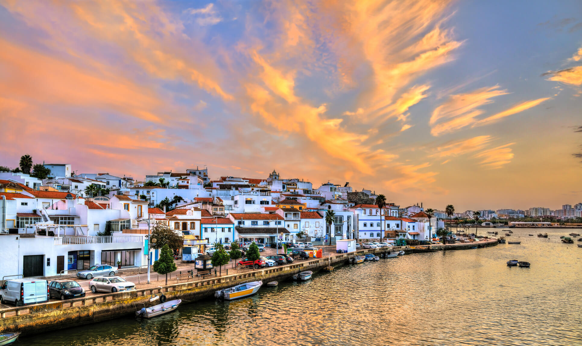 Ferragudo traditional-fishing village sunset Algarve Portugal